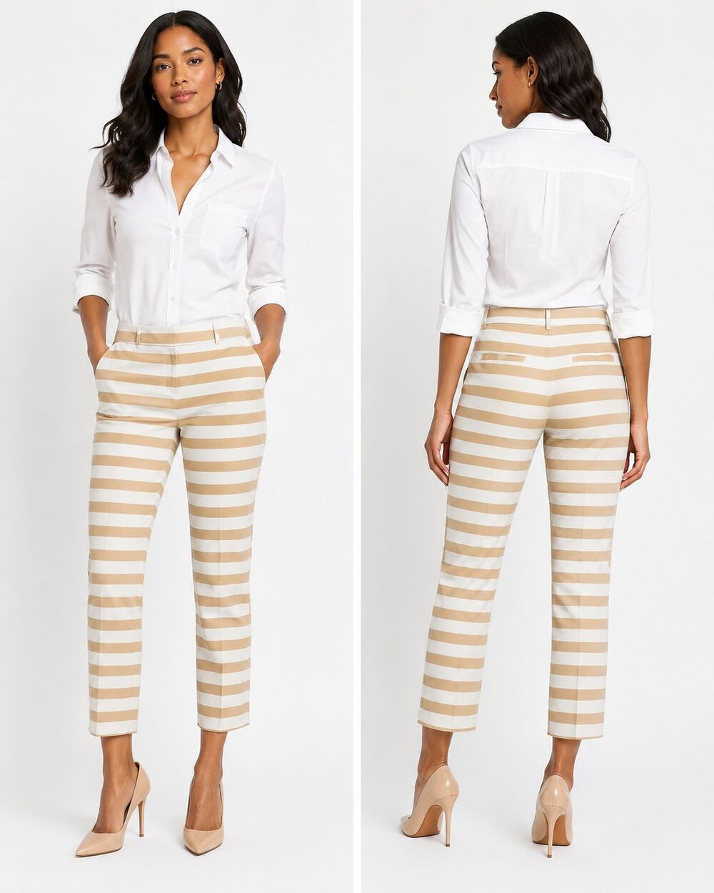 New York & Company Women's Stretch Striped Ankle Pants Tan White Slim Straight